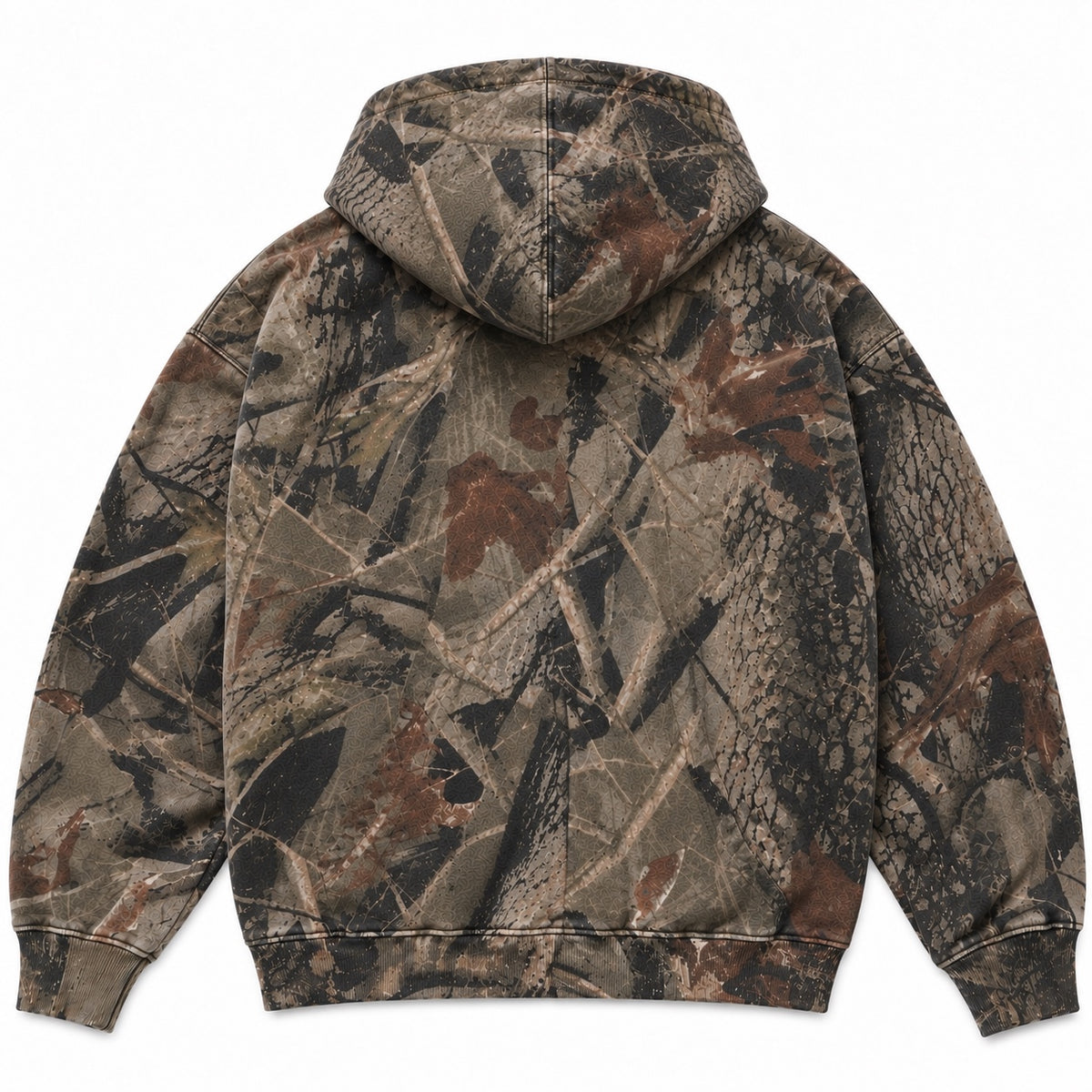 forest camo hoodie — back flat lay