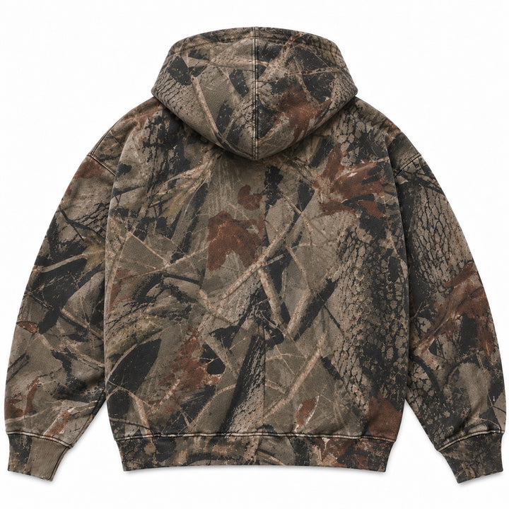 forest camo hoodie — back flat lay
